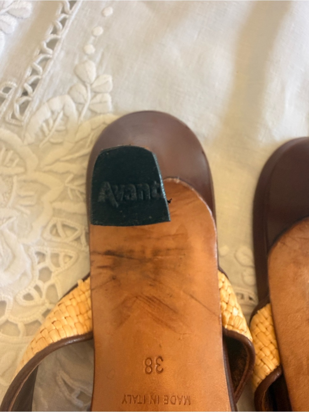 CHANEL Brown Leather and Natural Raffia Double-Strap Heeled Sandals - Picture 7 of 10